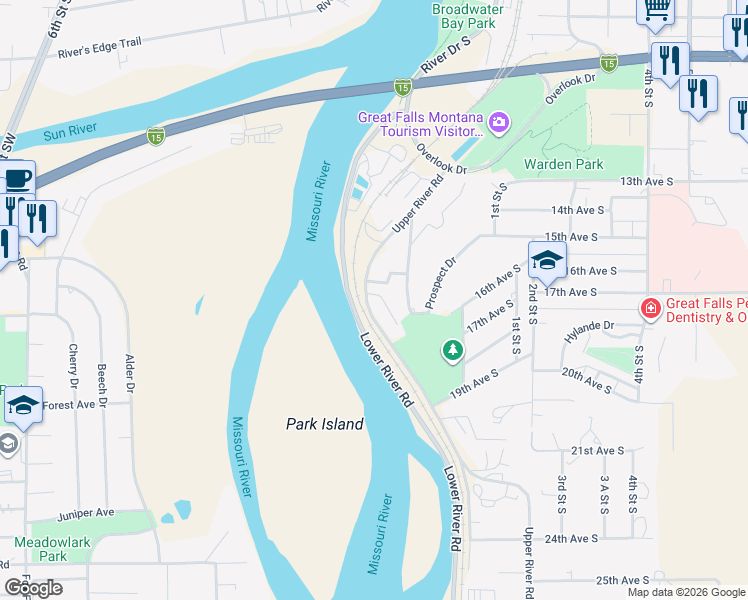 map of restaurants, bars, coffee shops, grocery stores, and more near 7 Volk Terrace in Great Falls