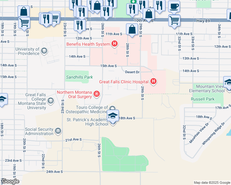map of restaurants, bars, coffee shops, grocery stores, and more near 1616 Palm Court in Great Falls