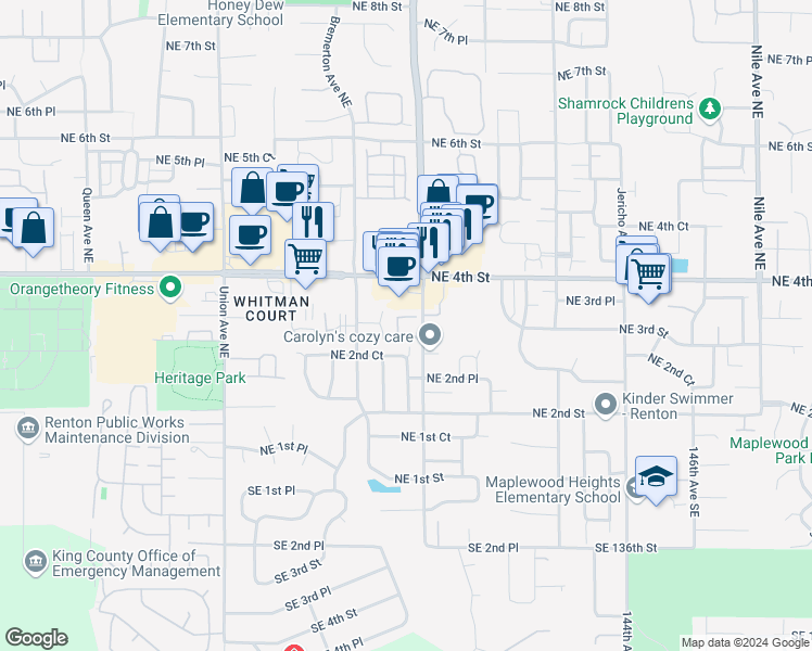 map of restaurants, bars, coffee shops, grocery stores, and more near 4660 Northeast 3rd Court in Renton
