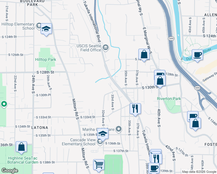 map of restaurants, bars, coffee shops, grocery stores, and more near 3226 South 130th Street in Tukwila
