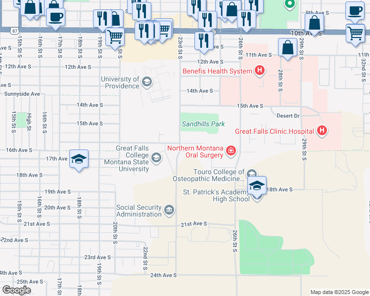 map of restaurants, bars, coffee shops, grocery stores, and more near 1601 23rd Street South in Great Falls