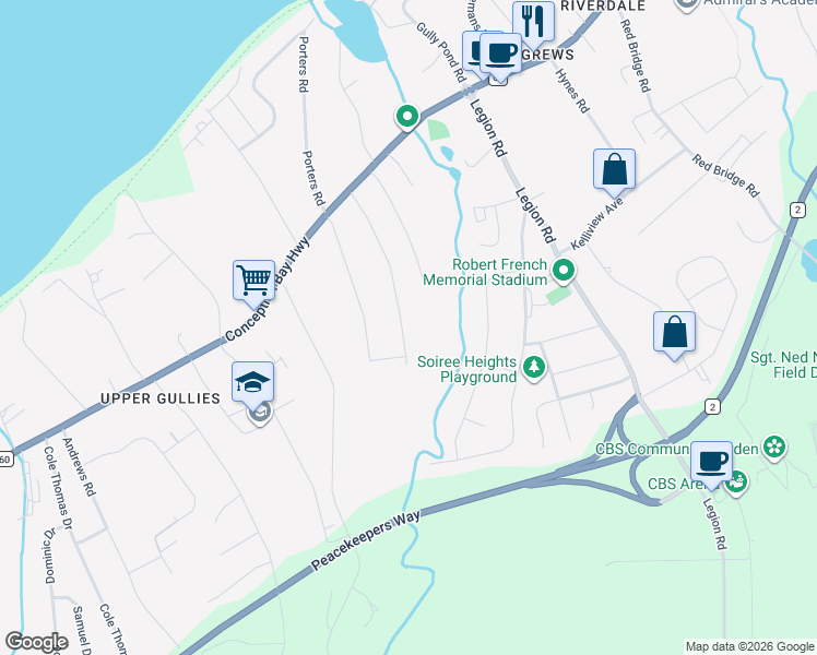 map of restaurants, bars, coffee shops, grocery stores, and more near 55 Piccos Road in Conception Bay South