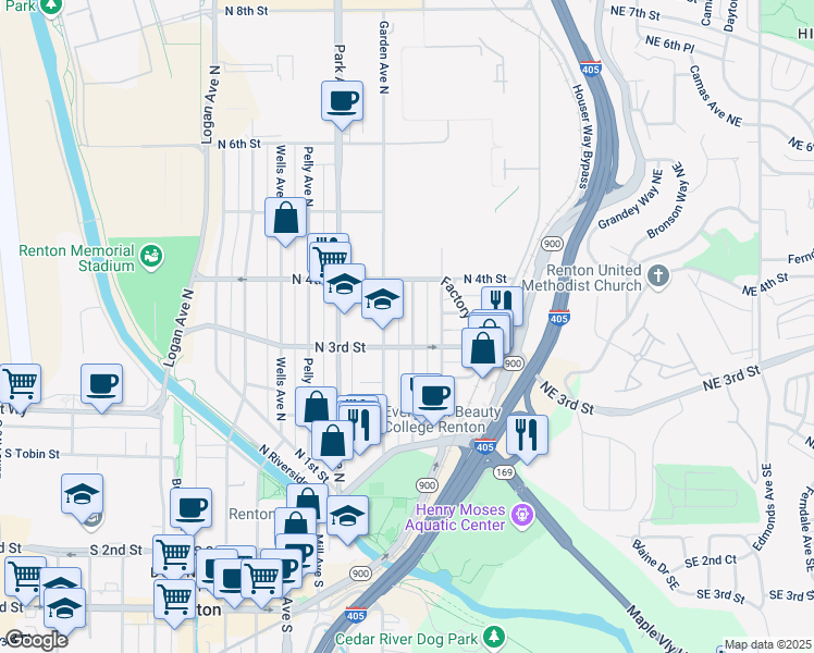 map of restaurants, bars, coffee shops, grocery stores, and more near 319 Meadow Avenue North in Renton