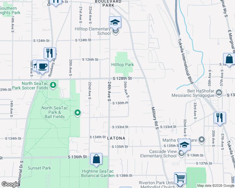 map of restaurants, bars, coffee shops, grocery stores, and more near 12848 24th Avenue South in SeaTac