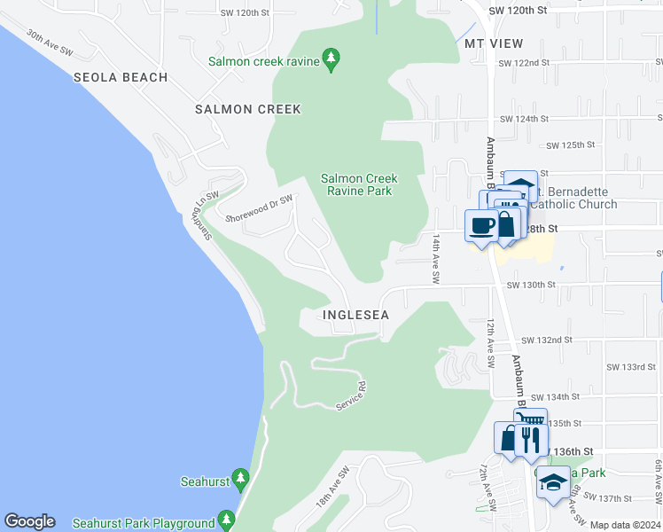 map of restaurants, bars, coffee shops, grocery stores, and more near 12858 Shorewood Drive Southwest in Burien