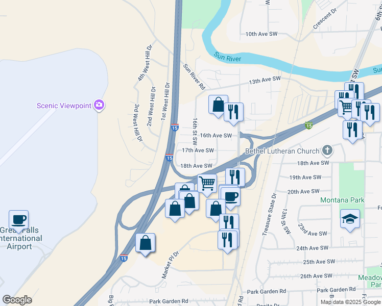 map of restaurants, bars, coffee shops, grocery stores, and more near 1700 16th Street Southwest in Great Falls