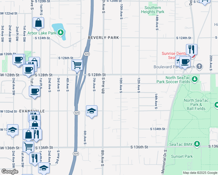 map of restaurants, bars, coffee shops, grocery stores, and more near 818 South 129th Place in Burien