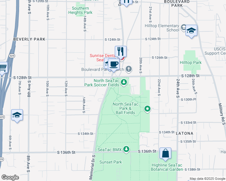 map of restaurants, bars, coffee shops, grocery stores, and more near 12830 Des Moines Memorial Drive in SeaTac