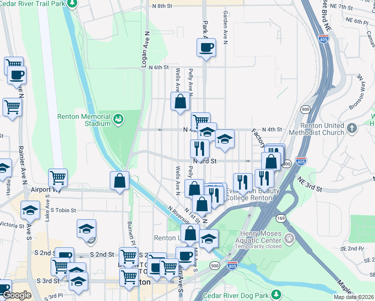 map of restaurants, bars, coffee shops, grocery stores, and more near 305 Pelly Avenue North in Renton