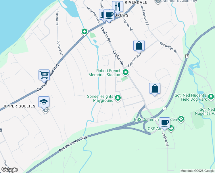 map of restaurants, bars, coffee shops, grocery stores, and more near 50 Oaken Drive in Conception Bay South