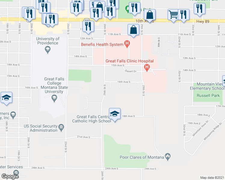 map of restaurants, bars, coffee shops, grocery stores, and more near 1616 Palm Court in Great Falls