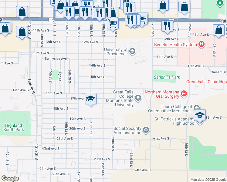 map of restaurants, bars, coffee shops, grocery stores, and more near 1610 20th Street South in Great Falls