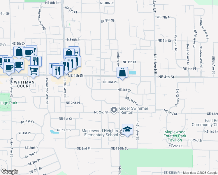 map of restaurants, bars, coffee shops, grocery stores, and more near 5203 Northeast 3rd Street in Renton