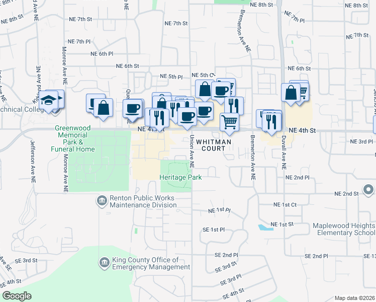 map of restaurants, bars, coffee shops, grocery stores, and more near 332 Tacoma Place Northeast in Renton