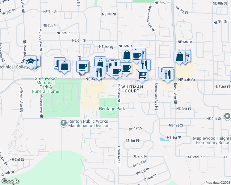 map of restaurants, bars, coffee shops, grocery stores, and more near 332 Tacoma Place Northeast in Renton