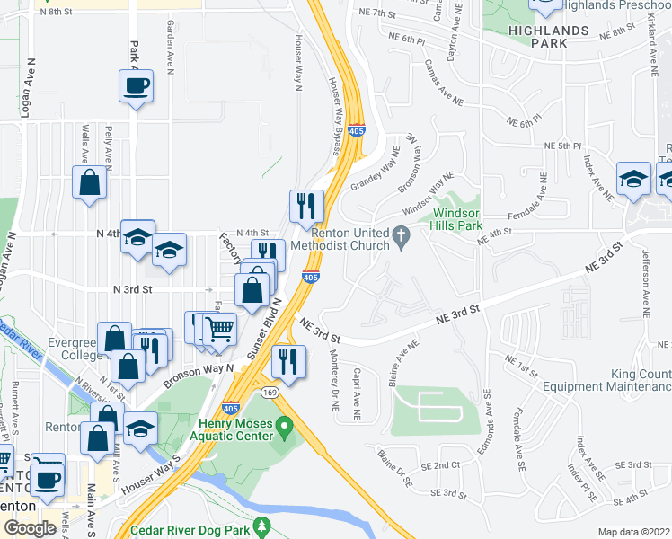 map of restaurants, bars, coffee shops, grocery stores, and more near 275 Bronson Way Northeast in Renton