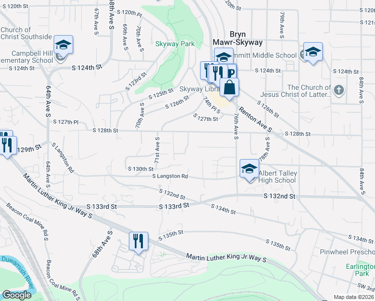 map of restaurants, bars, coffee shops, grocery stores, and more near 12846 72nd Avenue South in Seattle