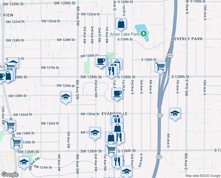 map of restaurants, bars, coffee shops, grocery stores, and more near 12851 1st Avenue South in Burien