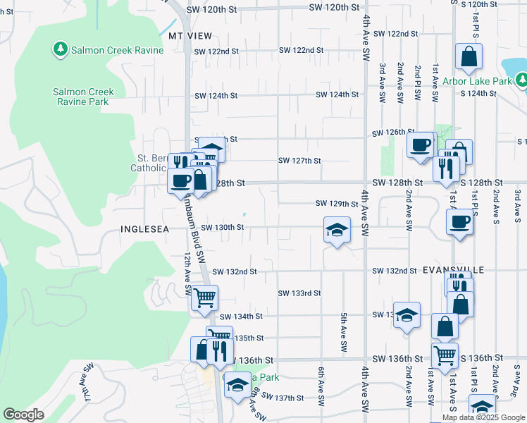 map of restaurants, bars, coffee shops, grocery stores, and more near 918 Southwest 130th Street in Burien