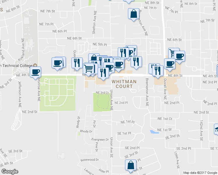 map of restaurants, bars, coffee shops, grocery stores, and more near 4005 Northeast 3rd Place in Renton