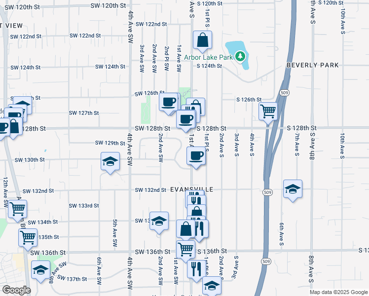 map of restaurants, bars, coffee shops, grocery stores, and more near 12851 1st Avenue South in Burien