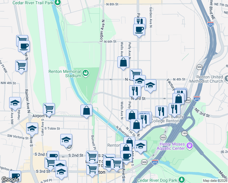map of restaurants, bars, coffee shops, grocery stores, and more near 310 Williams Avenue North in Renton