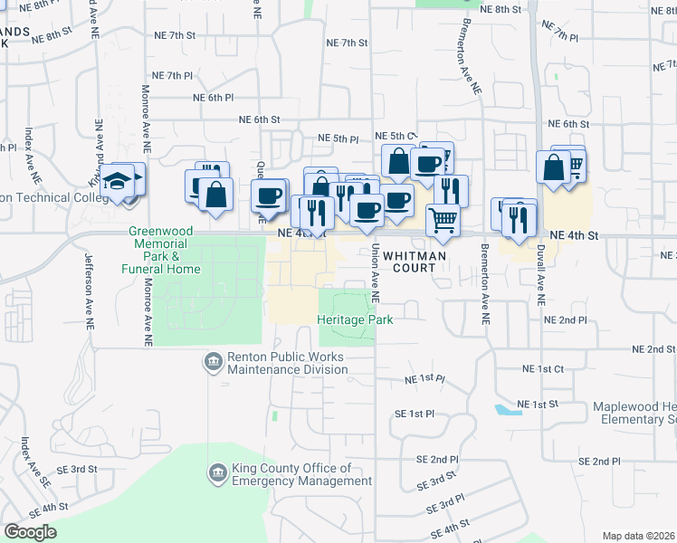 map of restaurants, bars, coffee shops, grocery stores, and more near 3809 Northeast 3rd Place in Renton