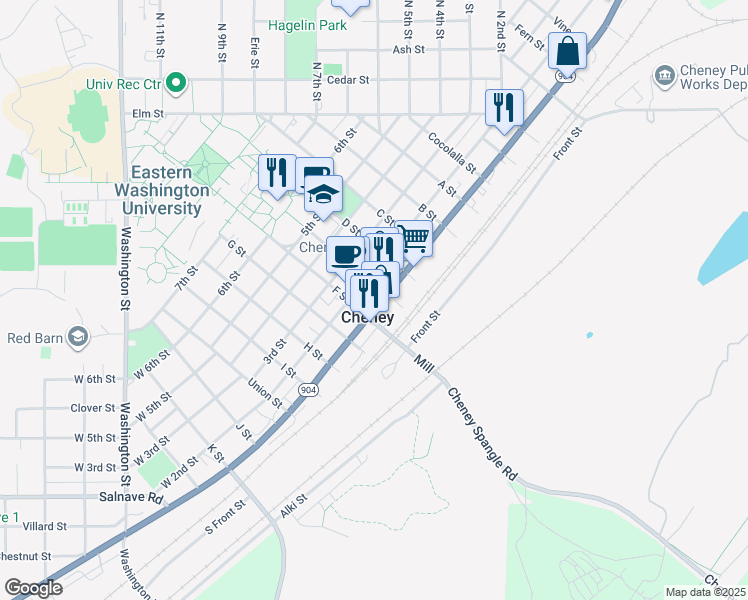 map of restaurants, bars, coffee shops, grocery stores, and more near 414 1st Street in Cheney