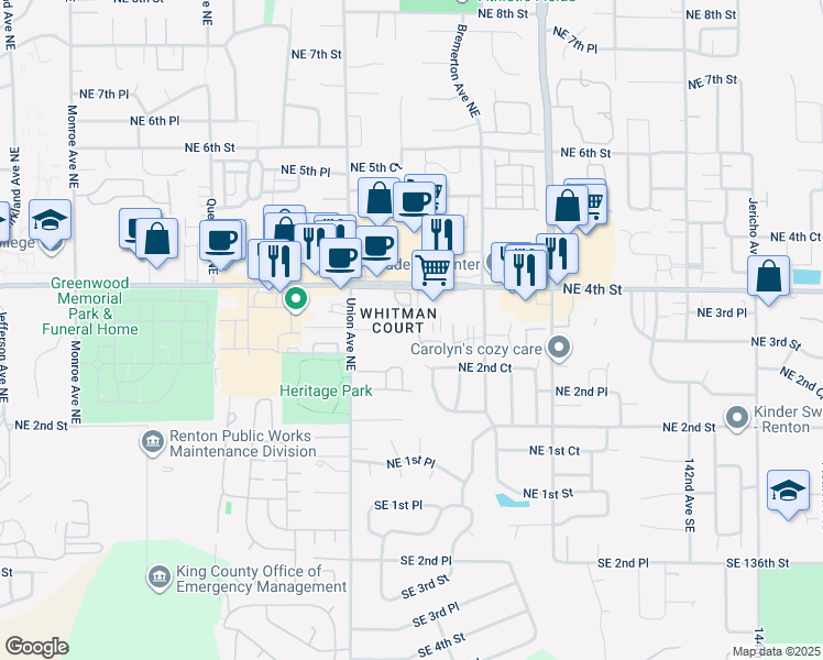 map of restaurants, bars, coffee shops, grocery stores, and more near 4302 Northeast 3rd Street in Renton