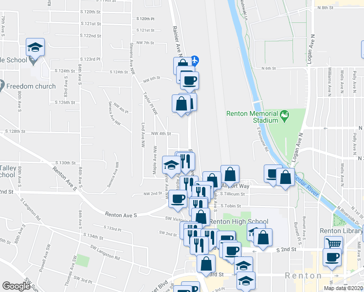 map of restaurants, bars, coffee shops, grocery stores, and more near 333 Rainier Avenue South in Renton