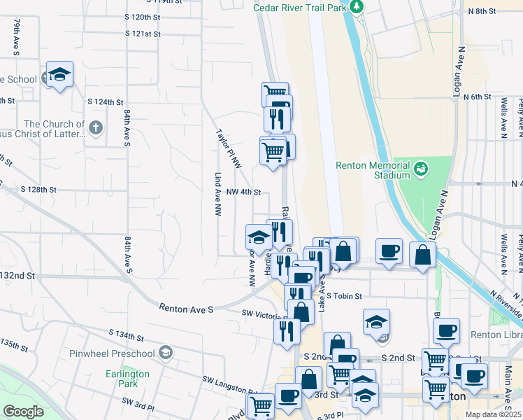 map of restaurants, bars, coffee shops, grocery stores, and more near 115 Northwest 3rd Place in Renton
