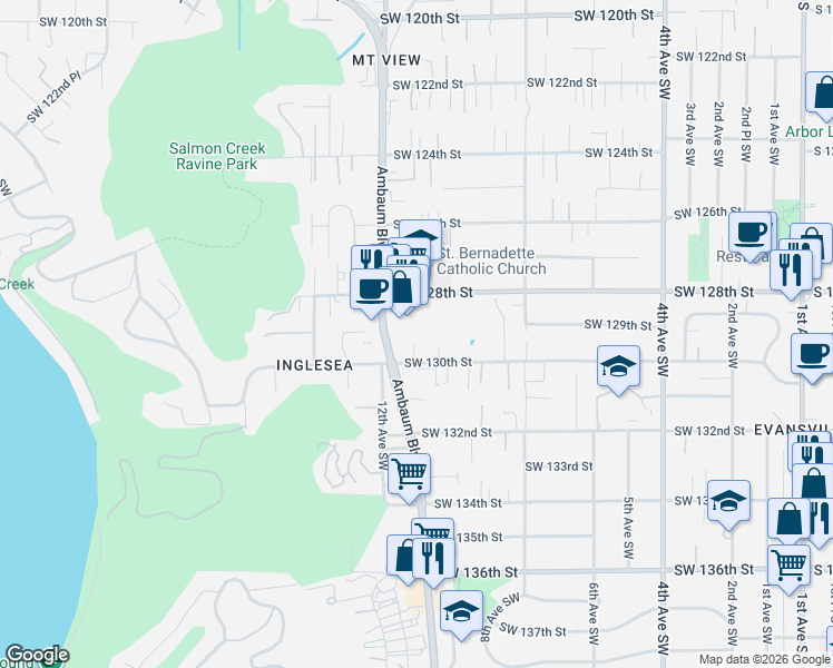 map of restaurants, bars, coffee shops, grocery stores, and more near 1096 Southwest 130th Street in Burien