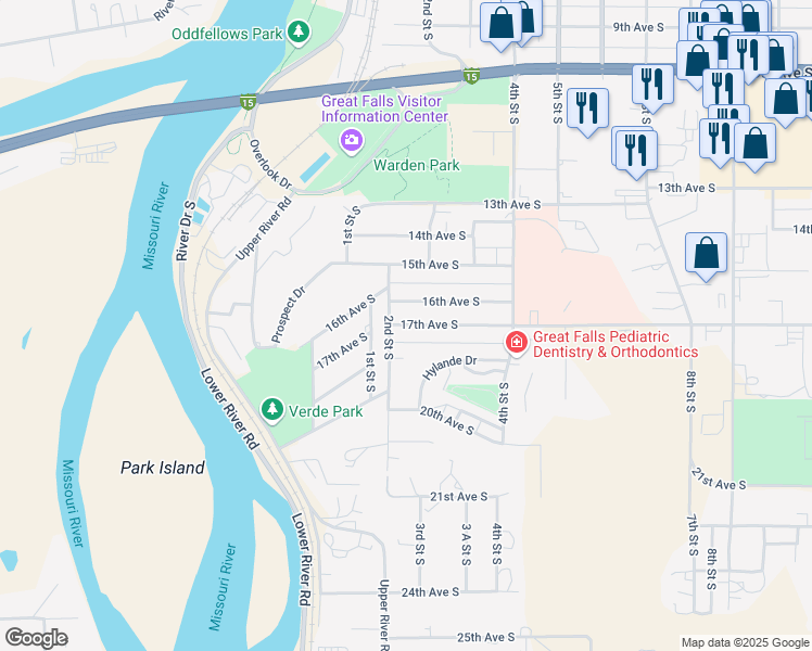 map of restaurants, bars, coffee shops, grocery stores, and more near 228 17th Avenue Northwest in Great Falls