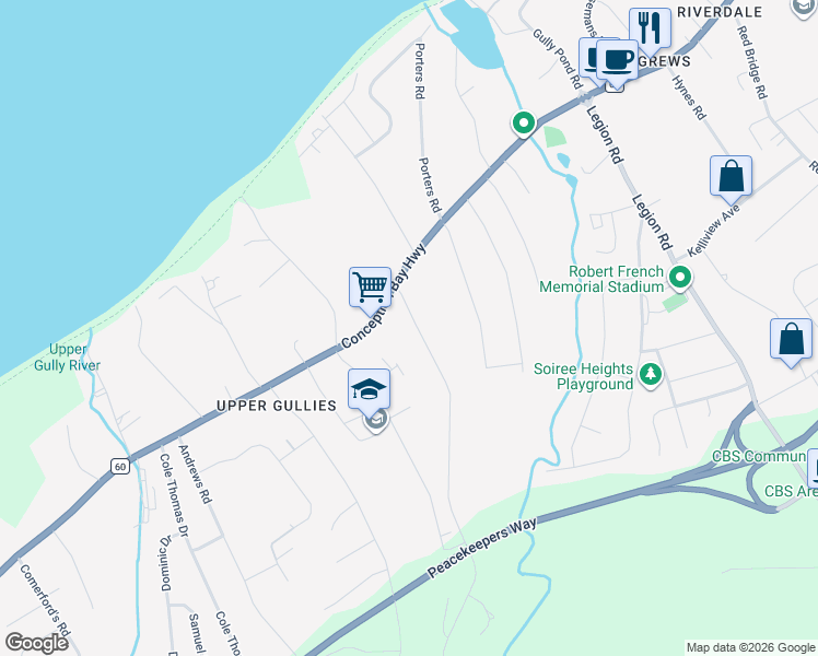 map of restaurants, bars, coffee shops, grocery stores, and more near in Conception Bay South