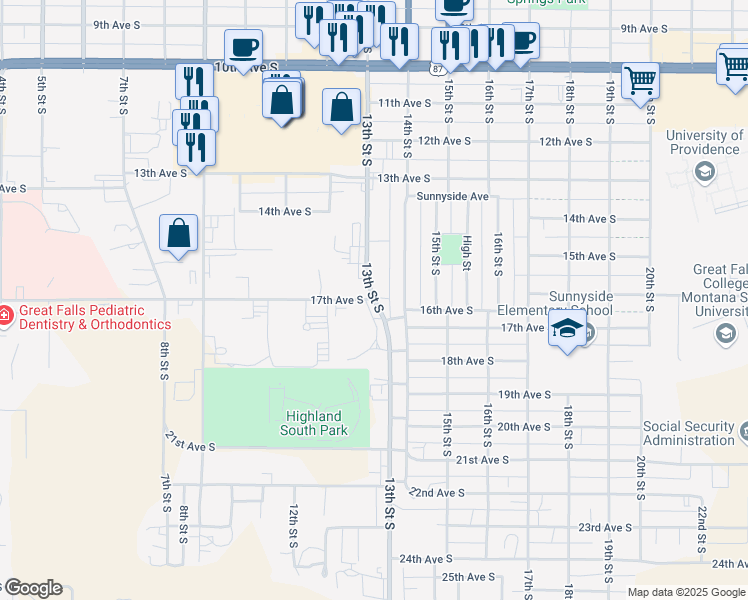 map of restaurants, bars, coffee shops, grocery stores, and more near 1612 13th Street South in Great Falls