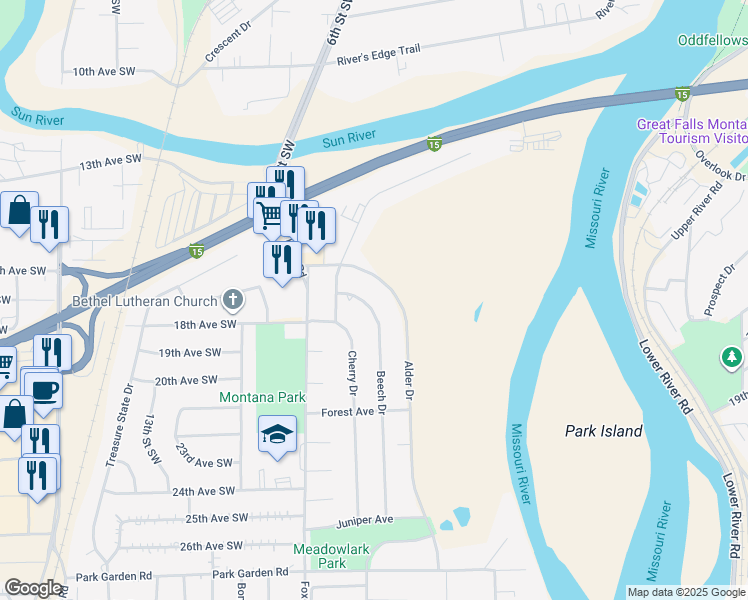map of restaurants, bars, coffee shops, grocery stores, and more near 1720 Alder Drive in Great Falls