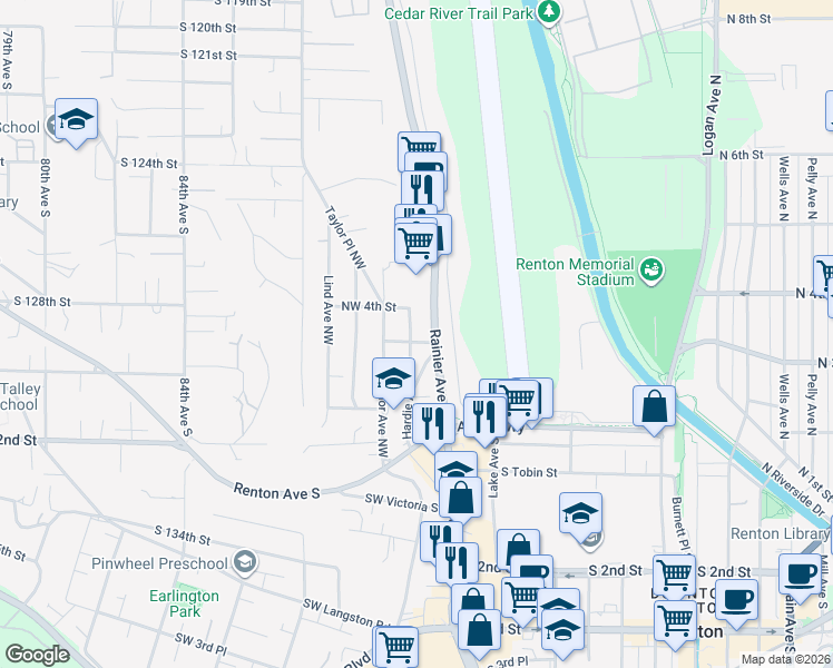 map of restaurants, bars, coffee shops, grocery stores, and more near 100 Northwest 3rd Place in Renton