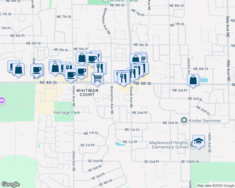 map of restaurants, bars, coffee shops, grocery stores, and more near 310 Bremerton Avenue Northeast in Renton