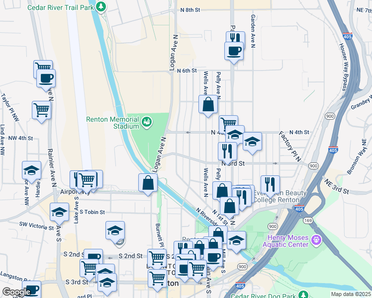 map of restaurants, bars, coffee shops, grocery stores, and more near 230 Burnett Avenue North in Renton