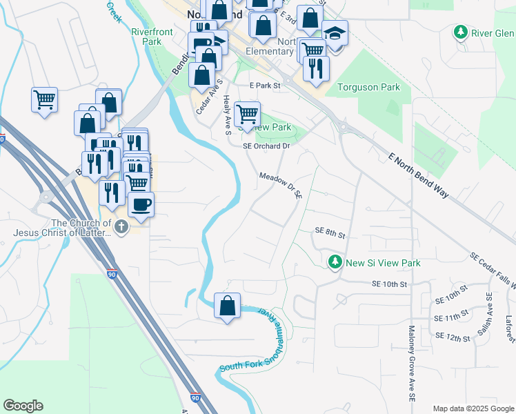 map of restaurants, bars, coffee shops, grocery stores, and more near 449 Maple Drive Southeast in North Bend