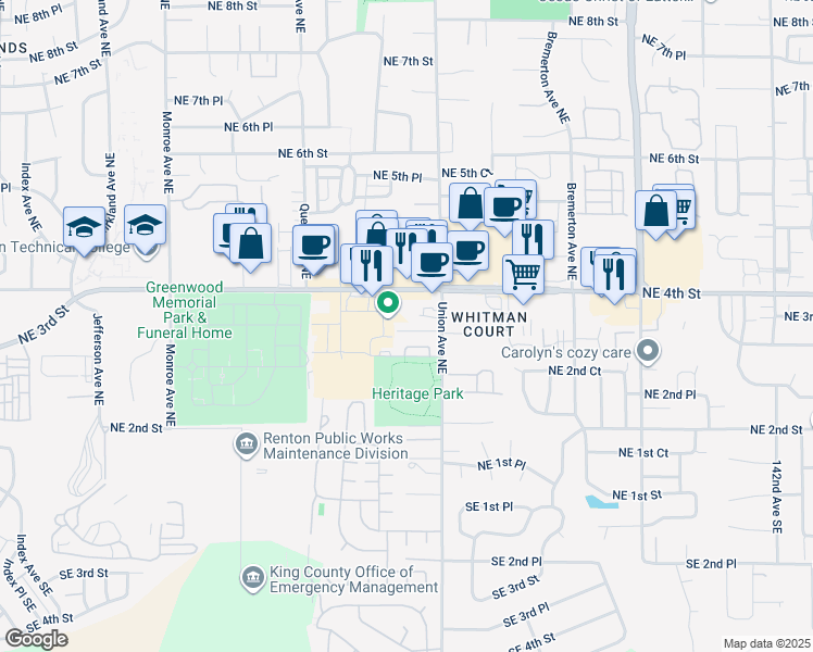 map of restaurants, bars, coffee shops, grocery stores, and more near 3906 Northeast 3rd Place in Renton