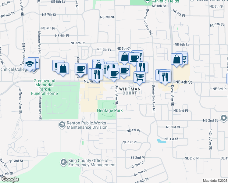 map of restaurants, bars, coffee shops, grocery stores, and more near 332 Tacoma Place Northeast in Renton