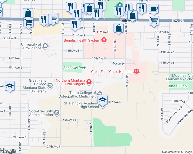 map of restaurants, bars, coffee shops, grocery stores, and more near 1612 Sand Court in Great Falls