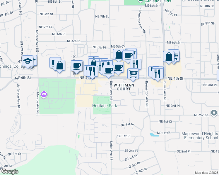 map of restaurants, bars, coffee shops, grocery stores, and more near 332 Tacoma Place Northeast in Renton