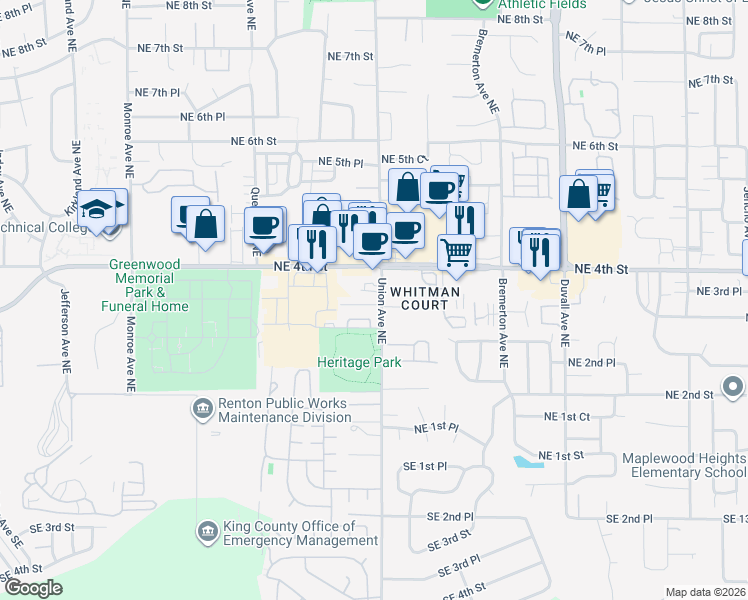 map of restaurants, bars, coffee shops, grocery stores, and more near 332 Tacoma Place Northeast in Renton