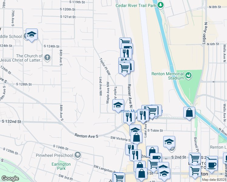 map of restaurants, bars, coffee shops, grocery stores, and more near 115 Northwest 3rd Place in Renton