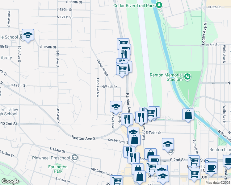 map of restaurants, bars, coffee shops, grocery stores, and more near 360 Taylor Avenue Northwest in Renton