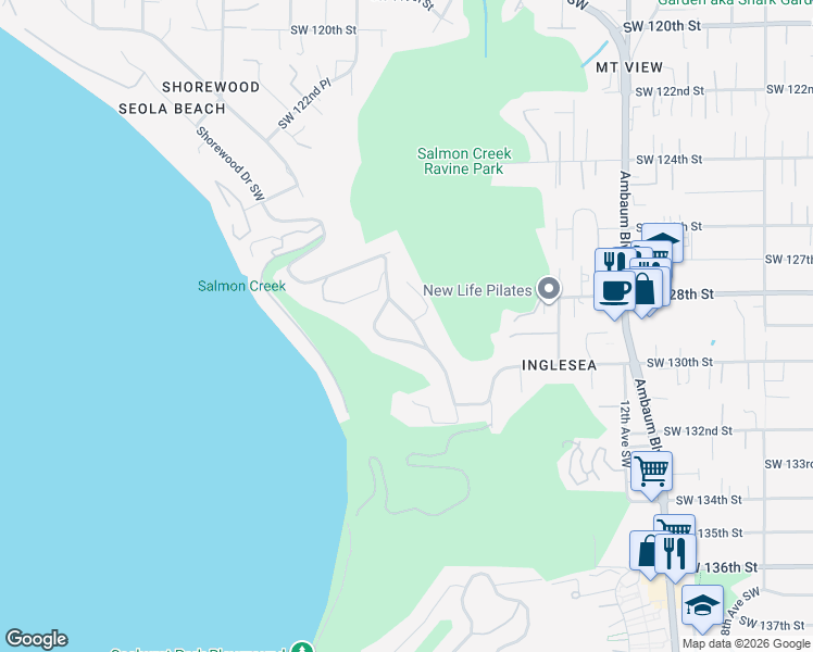 map of restaurants, bars, coffee shops, grocery stores, and more near 12858 Shorewood Drive Southwest in Burien