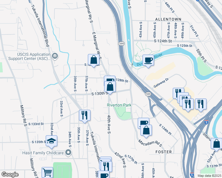 map of restaurants, bars, coffee shops, grocery stores, and more near 12910 East Marginal Way South in Tukwila