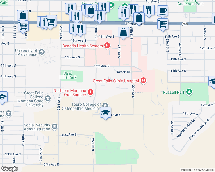 map of restaurants, bars, coffee shops, grocery stores, and more near 1616 Palm Court in Great Falls